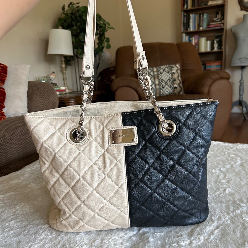 Nine West Tote Shoulder Bag Black Cream Quilted Colorblock Chain Strap Classic